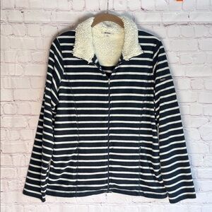L.L. Bean Navy and White Striped Fleece‎ with Sherpa Collar Woman’s Size Medium